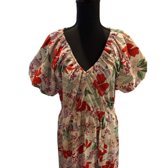 On 34th Floral Maxi Cotton Dress Elastic Waist Puff Short Sleeve Pockets Size L - Picture 5 of 8